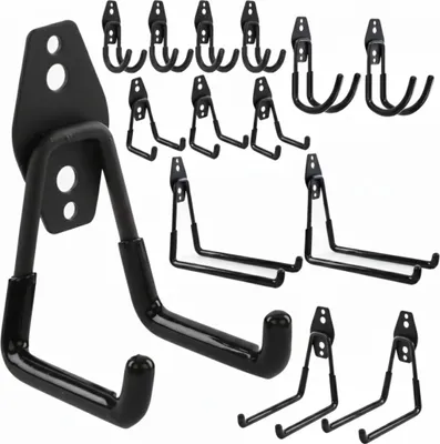 Image de Lot de 14 crochets muraux BOTLE, crochets à outils, « droits et en forme de U » tailles S, M, L, acier avec PVC, pour garage, atelier, outils électriques, crochets doubles, capacité de charge jusqu'à 40 kg Câble de rallonge