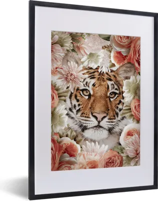 Produktbild von MuchoWow® MuchoWow® Gerahmtes Poster Tiger - Blumen - Porträt 30x40 cm - Poster mit zchwarzem Bilderrahmen - Wandposter Schlafzimmer