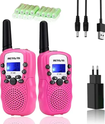 Two pink walkie-talkies are displayed with accessories including batteries, a USB charging cable, and a wall adapter.