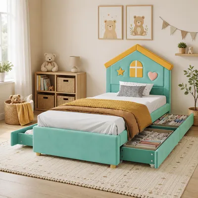 Produktbild von Flieks Kinderbett 90x200cm mit 4 Schubladen, Hausbett Einzelbett mit Lattenrost, Polsterbett Stauraumbett mit Haus-Kopfteil, Samt, Grün