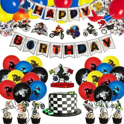 Produktbild von Motocross Geburtstagsparty Deko Set 57-teilig Banner Cupcakes Luftballons