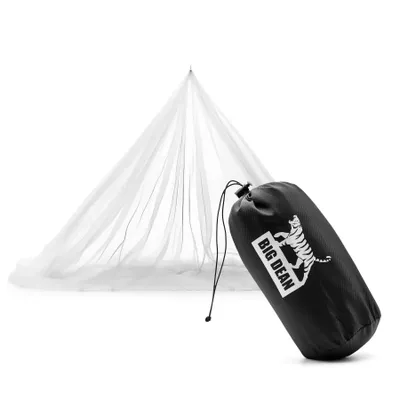 A white mosquito net is displayed, with its storage bag in the foreground.