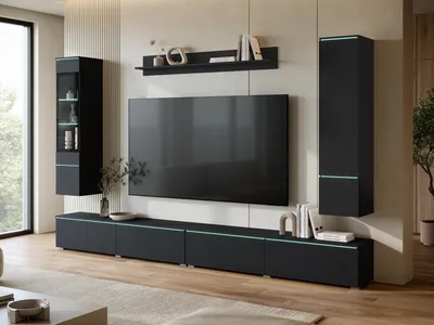 Produktbild von MINIO go for it, VEVE XXL, Wohnwand 300 cm, LED, TV-Lowboard, Wandregal, grifflose Fronten, hängend oder stehend, Schwarz Farbe