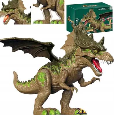 A toy dinosaur-dragon with wings and green accents, shown from the side.