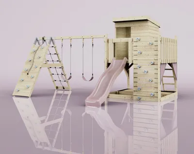 Produktbild von OutdoorToys Spielturm Frida aus Holz in Rosa Altrosa, mit Kinderschaukel