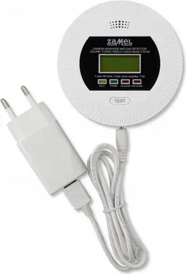 A white carbon monoxide and gas detector with a power adapter and cable, shown on a white background.