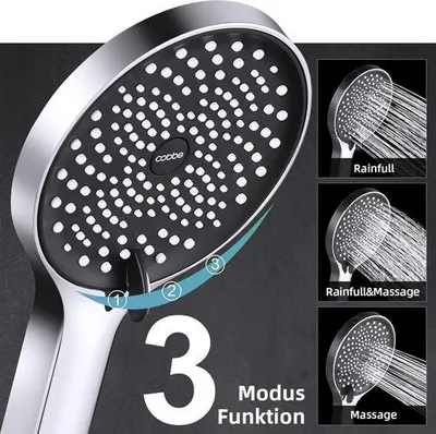 Produktbild von Famanu Handbrause mit Schlauch, große Regendusche, druckerhöhend, 3 Strahlarten, schwarz/chrom