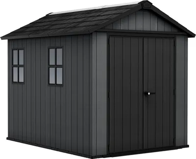 A dark gray plastic garden shed with a dark gray roof and black double doors. It has two small windows on the side.