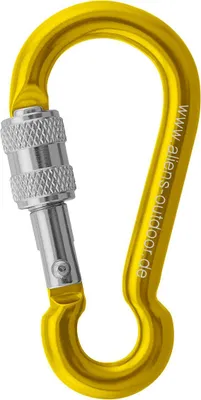 Gelber Mini-Karabiner aus Aluminium mit silbernem Verschlussmechanismus; 6 cm lang; von Aliens.