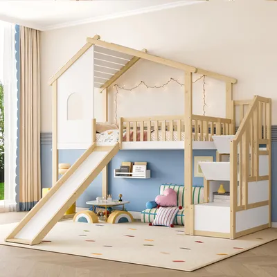 A child's bedroom featuring a wooden loft bed with a slide and stairs, decorated with fairy lights and colorful cushions.