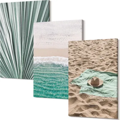 Produktbild von Wandbild – Leinwandbild – Leinwandbilder – Polycanvas – Kunstdruck – Modern – Panorama – Mehrteilig – 3-Teilig Set – Hochwertig – Lichtecht – Geruchslos – 20x30 Cm Je Element - Sommerurlaubsansichten am Strand am Meer