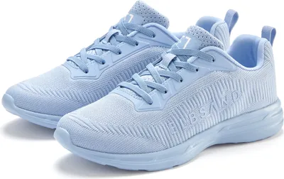 A pair of light blue sneakers shown from a diagonal angle on a white background.