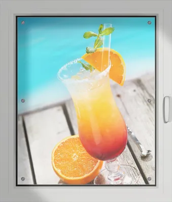 Produktbild von Wallario Lichtschutzbild, Dekorativer Sichtschutz Sonnenschutz 76 x 93 cm mit Motiv: Bunter Cocktail am Pool - Verdunklung ohne Bohren