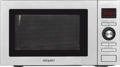 A silver and black microwave oven is shown from the front.