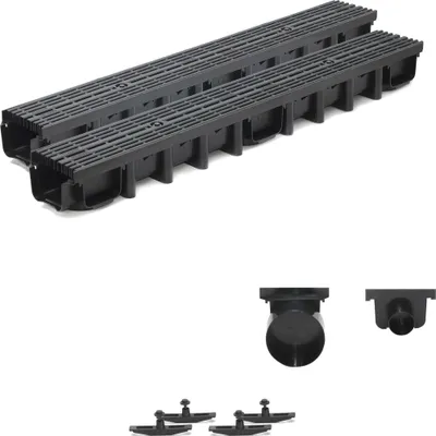A product shot of drainage channels and accessories on a white background.