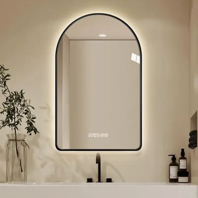 Immagine prodotto di Specchio LED ad arco 60×120 cm - dimmerabile, antiappannamento, con orologio e display della temperatura, 3 colori di luce, cornice nera