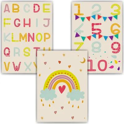 Produktbild von ABC Zahlen Kinderposter 3er Set Alphabet Lernposter Buchstaben & Zahlen | Kinderzimmer Wandbilder Kindergarten Grundschule Lernhilfe für Kinder – DIN A3 (29.7x42cm)