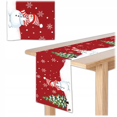 Zdjęcie produktu dla KRUMAD Bieżnik Świąteczny 180x35 cm – Obrus dekoracyjny z motywem reniferów i śnieżynek – Czerwono-szary bieżnik bożonarodzeniowy na stół