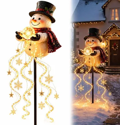 Produktbild von Weihnachtsbeleuchtung Solar Schneemann, Gartenstecker mit fließendem Schneeflocken-Licht, ohne feste Verkabelung, wetterbeständig für Außenbereich