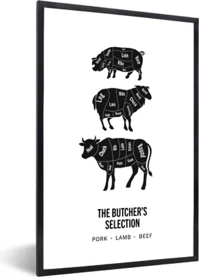Produktbild von MuchoWow® Gerahmtes Poster Küche - Kuh - Fleisch 60x90 cm - Poster mit Schwarzem Bilderrahmen Wandposter Rahmen Foto Bilder - Kunst