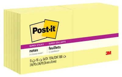 Immagine prodotto di Post-it Super Adesivi, colore giallo canarino, 12 blocchi, 90 fogli per blocco, 76 mm x