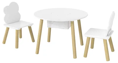 Produktbild von Kindertisch mit Stühlen und Aufbewahrung, 3-teiliges Kinder-Möbelset in Weiß und Natur für Spielzimmer und Kinderzimmer