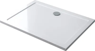 A white rectangular shower tray with a silver drain cover.