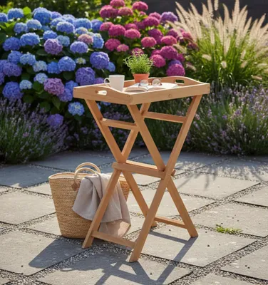 Produktbild von Serviertisch Teakholz 56x36x80 cm, Gartentisch mit abnehmbarem Tablett