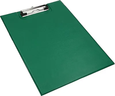 A green A4 clipboard with a silver clip is shown on a white background.