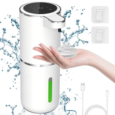 Produktbild von Automatischer Seifenspender mit Betriebsanzeige, 380 ml elektrischer Schaumseifenspender mit Sensor, 4-stufige Steuerung, automatischer, wandmontierter Schaumseifenspender für Bad und Küche.