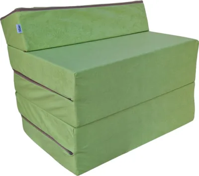 A folded mattress that can be used as a chair or bed.