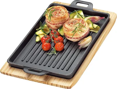 Produktbild von BBQ Grillpfanne Gusseisen gerillt auf Holzbrett, eckig, 32 x 22 x 3,5 cm, Feuerstelle, alle Herdarten inkl. Induktion, Servierpfanne 0305351026
