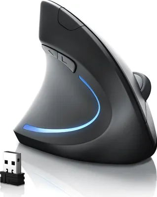 A black ergonomic vertical mouse with blue LED accents and a USB dongle is displayed on a reflective white surface.