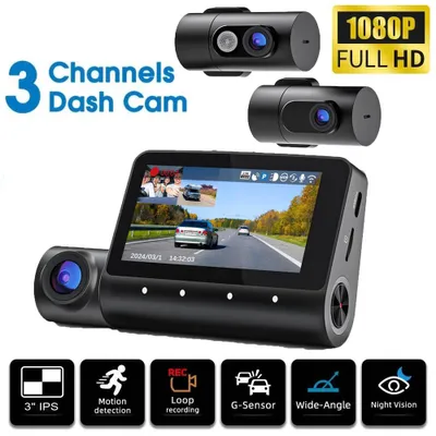 Obrázek produktu pro 3kanálová palubní kamera do auta, přední zadní interiér 4K+1080P+1080P Dash Cam, noční vidění, G-senzor, nahrávání ve smyčce, 24hodinové monitorování parkování