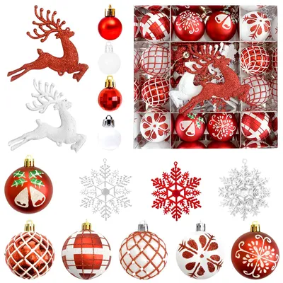 Weihnachtskugeln 45er Set rot/weiß, unzerbrechlich, Kunststoff