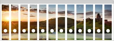 Produktbild von Wallario Ordnerrücken Sticker, selbstklebend für breite Ordner, 12 Stück, Motiv Schlosspanorama in England bei Sonnenaufgang