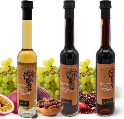 Produktbild von Glücks Momente Orient Mix 3er Set je 100ml - Granatapfel, Dattel Feige Crema, Passionsfrucht Aperitif - Balsamico Crema Frucht Essigzubereitung mit 3% Säure