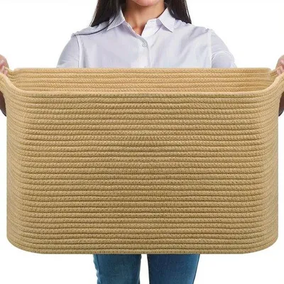 Image de Panier de rangement tressé Unyqoos® en 100% coton, 63 litres (55 x 38 x 30 cm) – pliable avec poignées de transport, idéal pour les couvertures, les vêtements et les jouets
