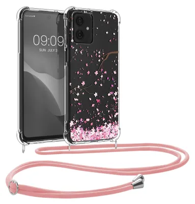 Produktbild von kwmobile Necklace Case kompatibel mit Motorola Moto G54 5G Hülle - Silikon Cover mit Handykette - Rosa Dunkelbraun Transparent Kirschblütenblätter