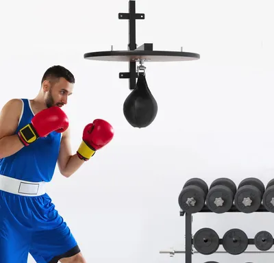 Immagine prodotto di Speedball per boxe - Set piattaforma - Per carichi pesanti - Montaggio a parete - Rotabile a 360° - Regolabile in altezza 30 cm - Acciaio, legno ePoliuretano- Con speedball - Marrone