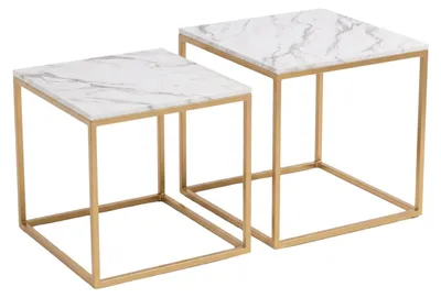 Obrázek produktu pro Sada 2 čtvercových konferenčních stolků různých velikostí, 50 x 50 x 50,5 cm - bílý mramor / zlatý rám