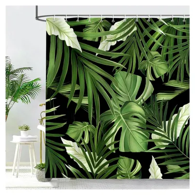 Produktbild von Duschvorhang mit tropischen Palmblättern, grüne Pflanze, 180 x 200 cm, wasserdicht, anti-schimmel, waschbar, mit 12 Haken