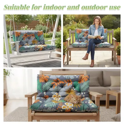 Obrázek produktu pro Polštář na zahradní lavičku 120 x 100 x 10 cm, venkovní sedák na lavičku pro 2–3 osoby, polštář na houpací síť, oranžové květy