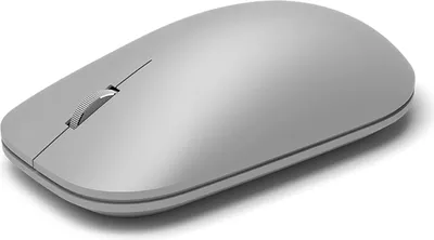 A gray wireless computer mouse is shown from a slightly elevated side angle against a white background.