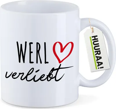 Produktbild von Huuraa Kaffeetasse Werl verliebt 330ml Weiß Keramik Kaffeebecher Geschenkidee