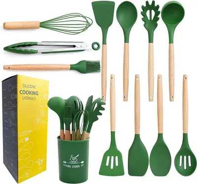 Produktbild von Unyqoos® 12-teiliges Silikon-Kochset – Spatel & Küchenutensilien, hitzebeständig bis 230 °C, antihaft, BPA-frei, Holzgriffe, dunkelgrün