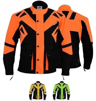 Herren-Motorradjacke in Orange, Modell GW300J, Vorder- und Rückansicht. Mit Schulter-, Ellbogen- und Rückenprotektoren ausgestattet. Zwei Fronttaschen mit Druckknopfverschluss. Erhältlich in 3 weiteren Grundfarben.