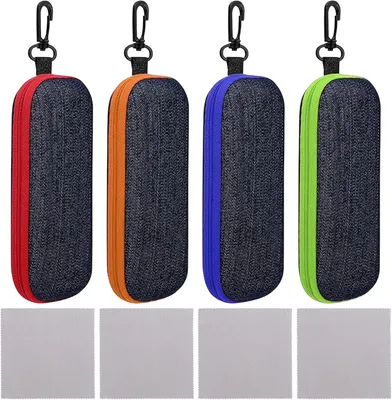 Produktbild von Brillenetui 4 Stücke, Jeansstoff, Hardcase, mit Karabinerhaken, 4 Brillenputztücher, für Sportbrille