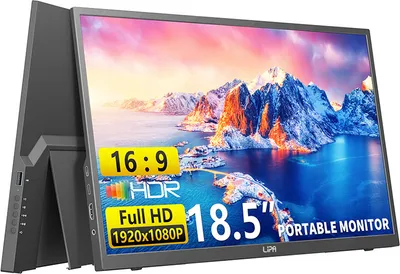 A portable monitor is shown standing upright, displaying a scenic image of mountains and water. Text overlays highlight its features.