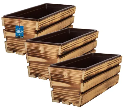 Produktbild von KOTARBAU® 3er Set Blumenkasten für Balkon 40x18x15cm Pflanzkasten Balkonkasten mit Kunststoffeinsatz Blumentopf Kräutertopf aus Kiefernholz Rustikal